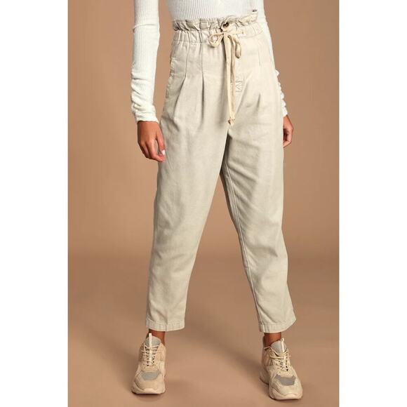Free People Margate Pleated High-Rise Paperbag Waist Pants Beach Beige Cream S - Picture 1 of 15